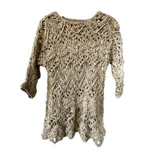 J. Jill Tan 3/4 Sleeve Crochet Top Ribbon Neutral Solid Bohemian Fairy Small